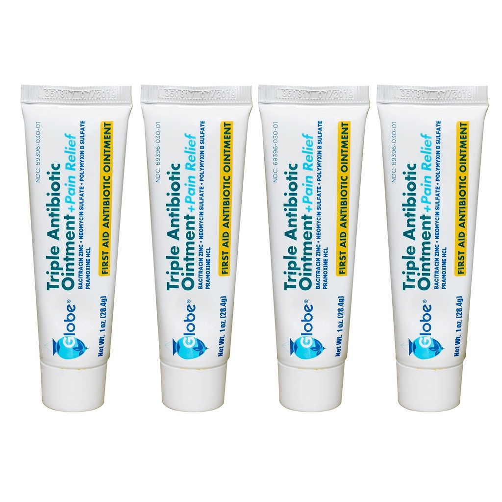 Globe (4 Pack Triple Antibiotic + smertelindring 1oz, førstehjelp Antibiotic, lindrer smerte, kutt, brenner og Scrapes 24-timers infeksjonsbeskyttelse