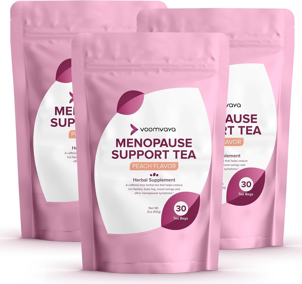 VoomVaya Lagre 20% på Menopause Støtte Te 3-Pack Bundle - Naturlig Menopause Relief for kvinner w/Red Clover & Black Cohosh - Natt Sweats & Hot Flashes Relief - Peach Flavor - 90 Teabags