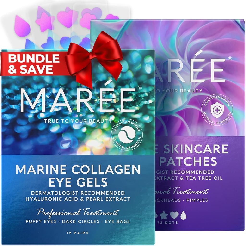MAREE Eye Gels & Acne Сlearing enheter Bundle - Under Øye Gels for Puffy Eyes og Mørke Sirkler, Hydrokolloid Acne Terapi enhet - Marine kollagen & Hyaluronsyre, Grønn Algae Ekstrakt & Te Tree Olje