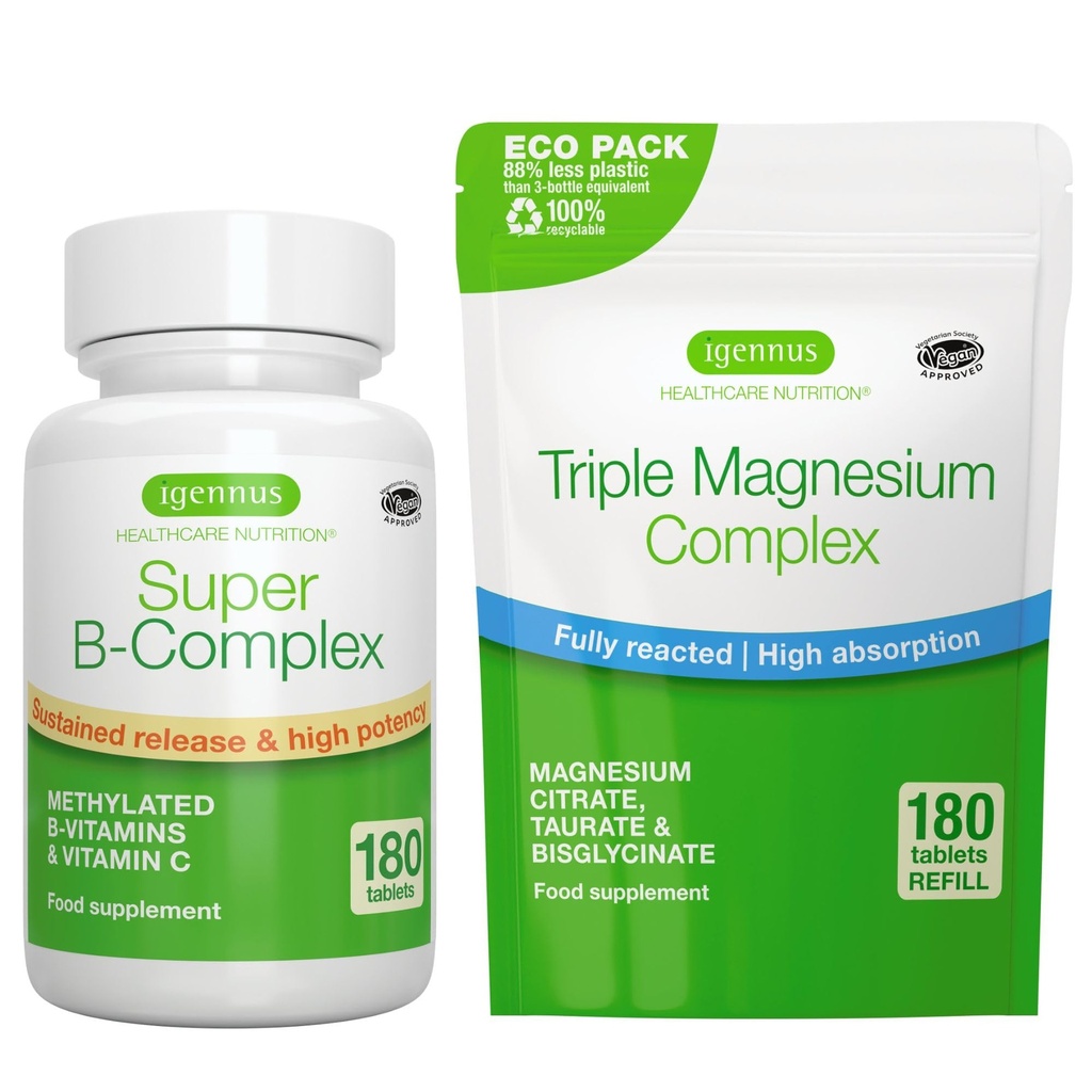 Super B-Complex 180 Tabletter + Triple Magnesium Complex 180 Tabletter Vegansk Bundle, Metylert frigjøring B Complex + høy absorpsjon Chelated Magnesium Glycinat, Taurat & Citrat, ved Igennus