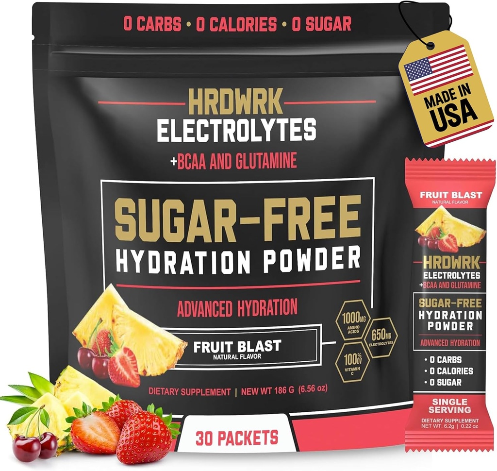 HRDWRK Electrolytes pulver pakker med magnesium, kaliumnatrium, ketohydrasjon - BCAA Electrolyte pulver pakker med glutamin, 30 Electrolytes pulver pakker sukkerfri (Fruit Blast)