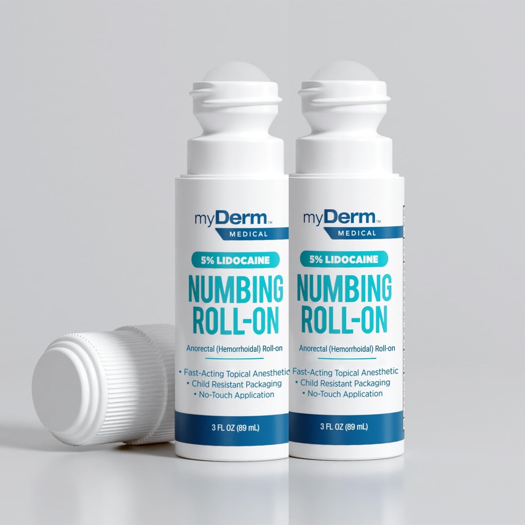 Myderm Medical 5% Lidocaine Numbing Roll on - Pakke med 2 - for mindre akser, Scratches og hemorroideal discomfort - laget i USA