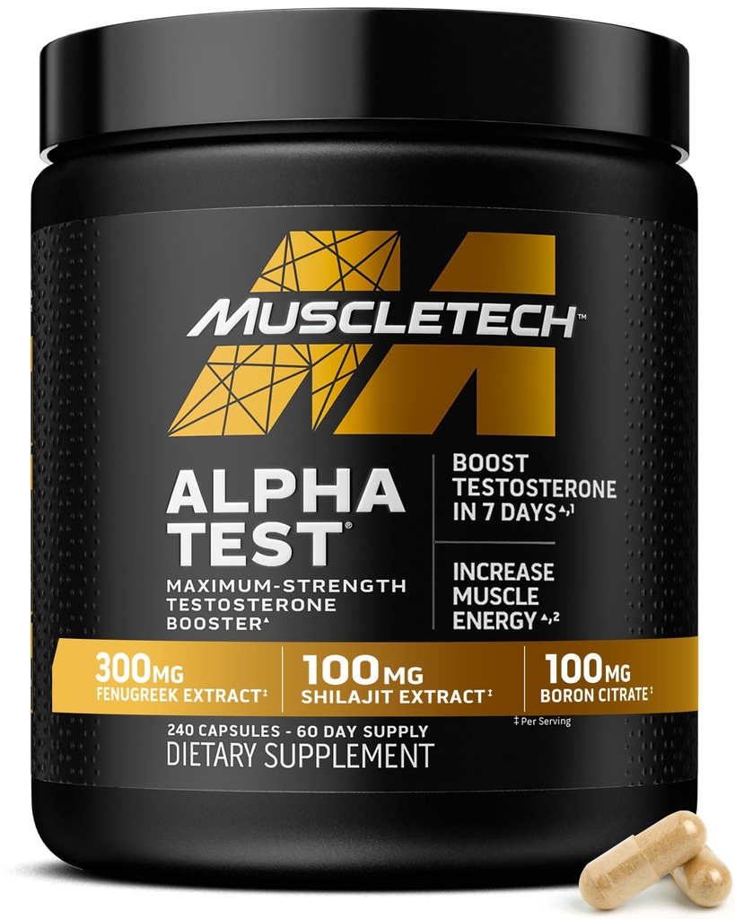 MuscleTech Testosteron Booster for menn, AlphaTest - T-Boost Mens Supplement med Tribulus Terrestris & Bor - Daglig mannlig Gym Trening Kosttilskudd for muskelvekst, Stamina & energi - 240 piller