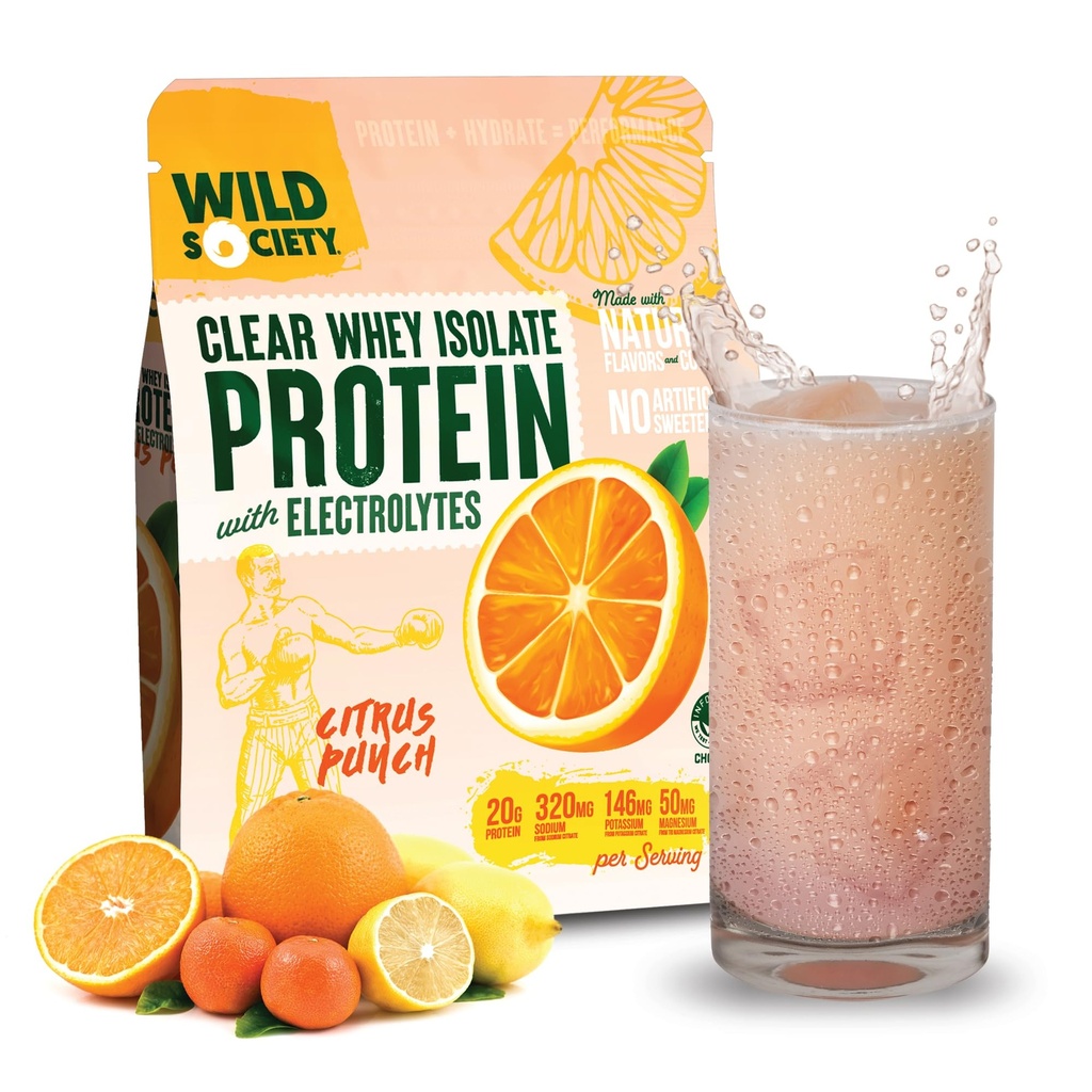 WILD SOCIETY - Clear Whey Protein + Electrolytes - Forfriskende Whey Protein Isolate pulver - 20g Protein, 0 tilsatt sukker, GMO-fri, naturlige flavors & farger - Citrus Punch, 16 oz