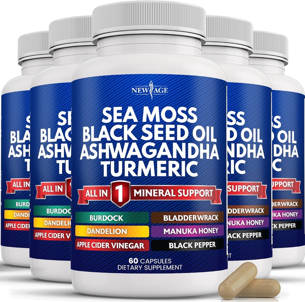 Ny Age Sea Moss Svart Seed Oil Ashwagandha Turmeric Bladerwrack Burdock - med Manuka, Honning Dandelion, ACV Svart Pepper Glutenfri