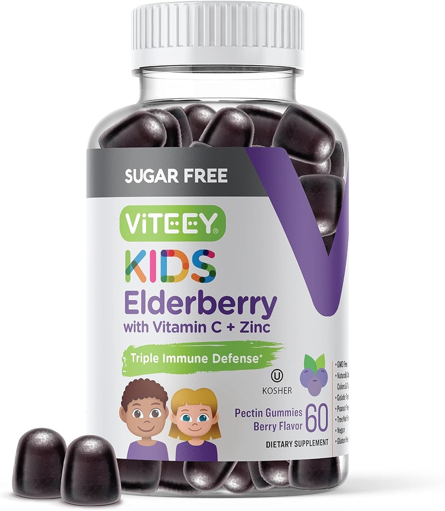 Viteey Sambucus Elderberry Gummies for barn - sukkerfri - immun støtte kosttilskudd med vitamin C & Zink, [3-1 Immune Booster] Vegan, Gelatinfri, Glutenfri - Tastig Chewable Berry Flavored