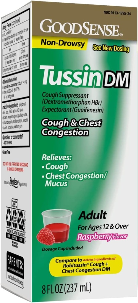 GoodSense Tussin Cough Syrup DM, Raspberry Flavor, Effektiv lindring for cough og bryst kongessjon, Thins Mucus, 8 Fl Oz