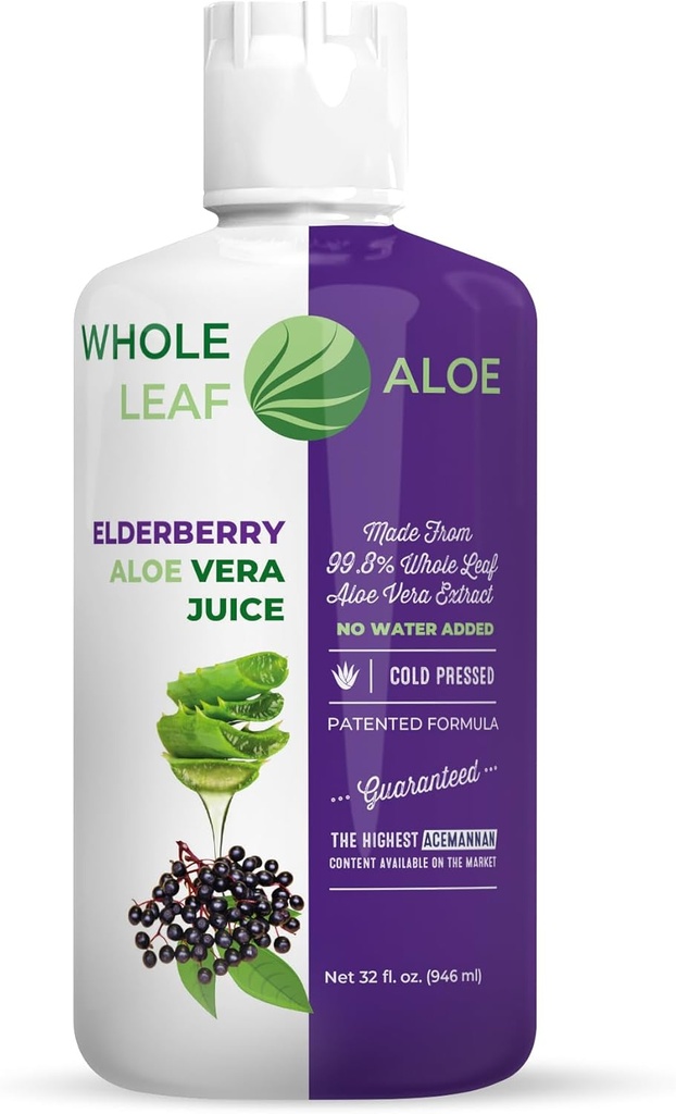 Hele Leaf Aloe Vera Juice med organisk elderbærekstrakt – patentert formel, høyt Acemannan innhold, og ingen vann lagt til!