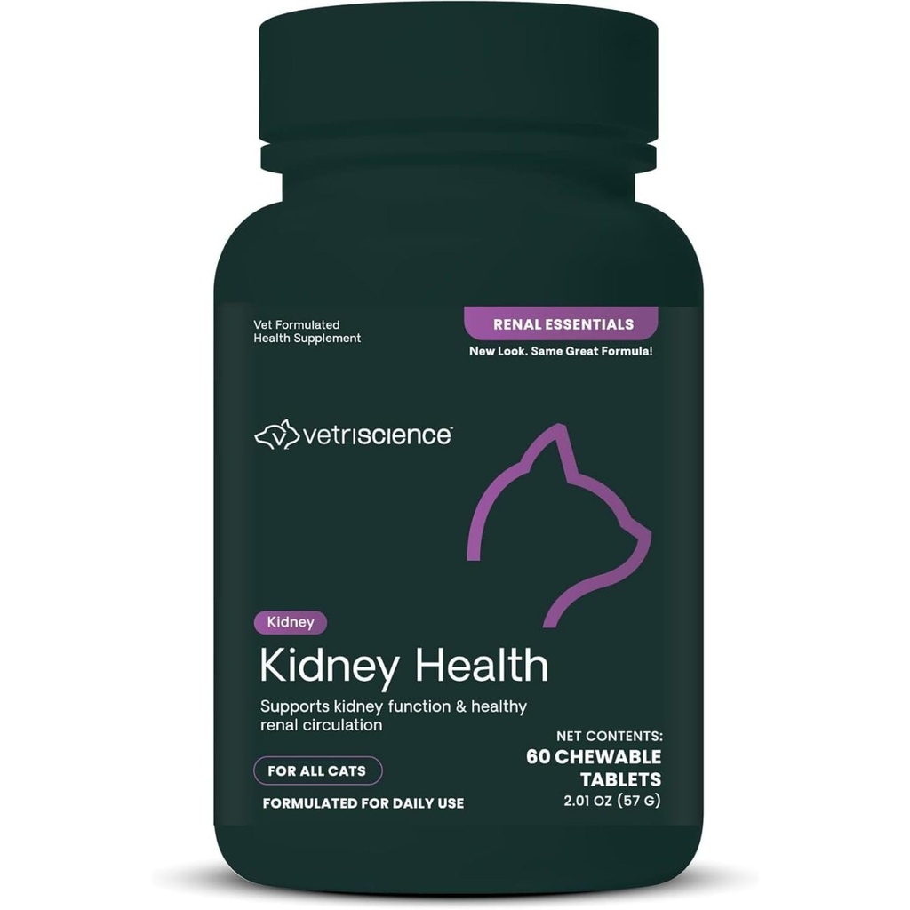 VetriScience Njure Helse Chewable Tabletter, Nyre Essentials Supplement for katter, nyrepleie og støtte med Mushroom, Astragalus Root, Nettle frø og urter, kylling og fisk, 60 greve