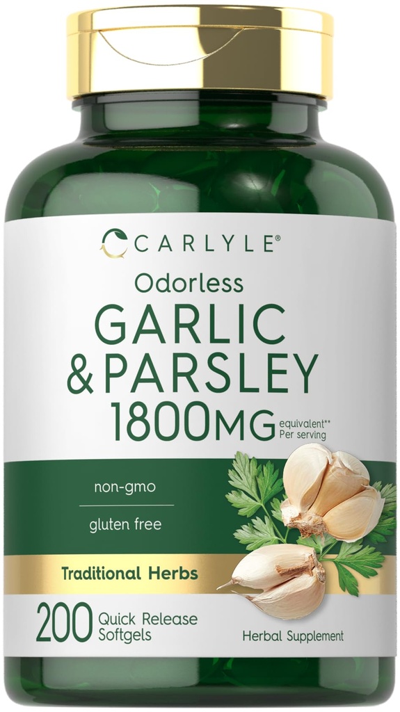 Carlyle Odorless hvitløk og persille 1800 mg | 200 Softgels | Ikke-GMO, Glutenfri Supplement