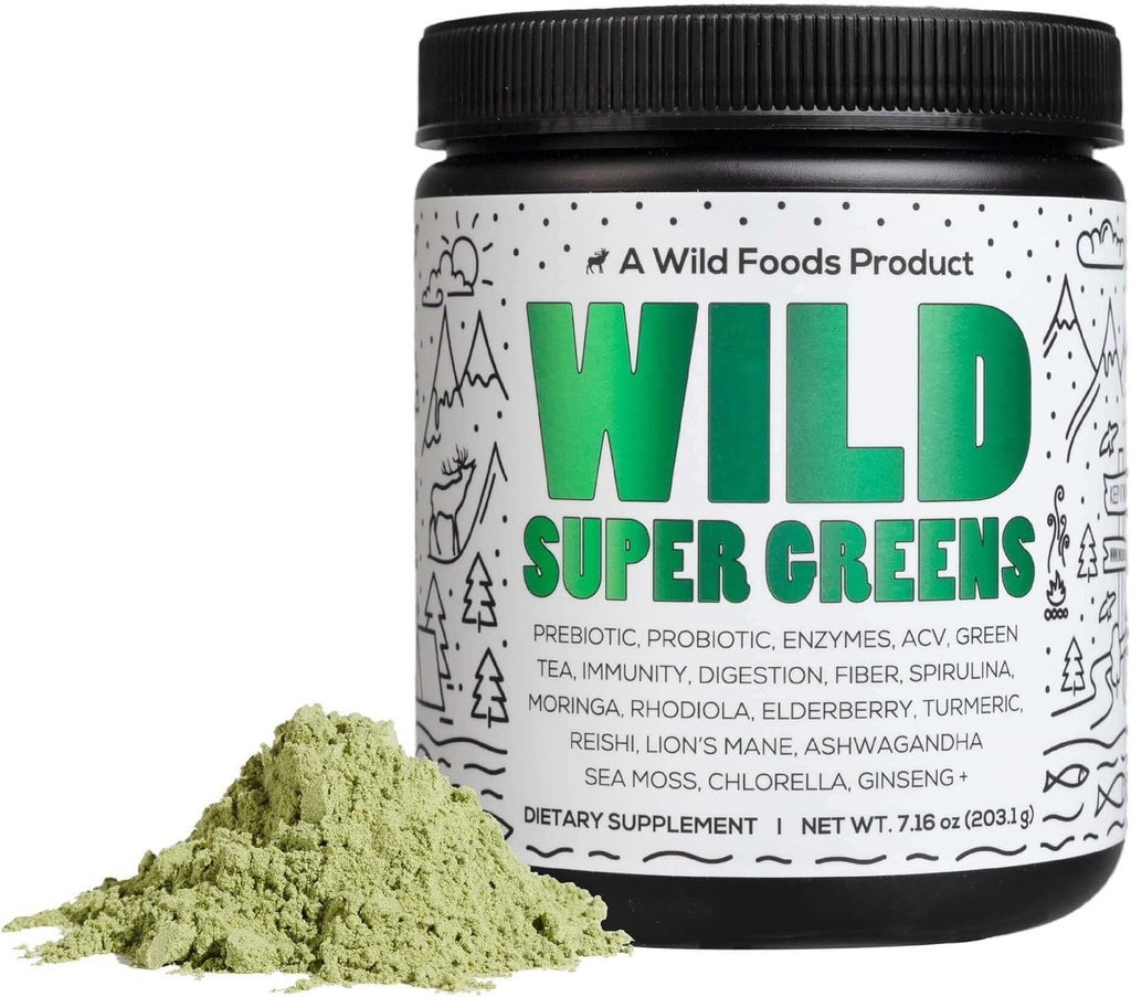 Wild Foods Rå Super Greens Powder Daglig Juice Drink med probiotika og Digestive Enzyme Blend - Hele maten kildet, 46 Plantebaserte næringsstoffer, ikke-GMO, Spirulina, Klorella, Wheatgrass (30 Services)