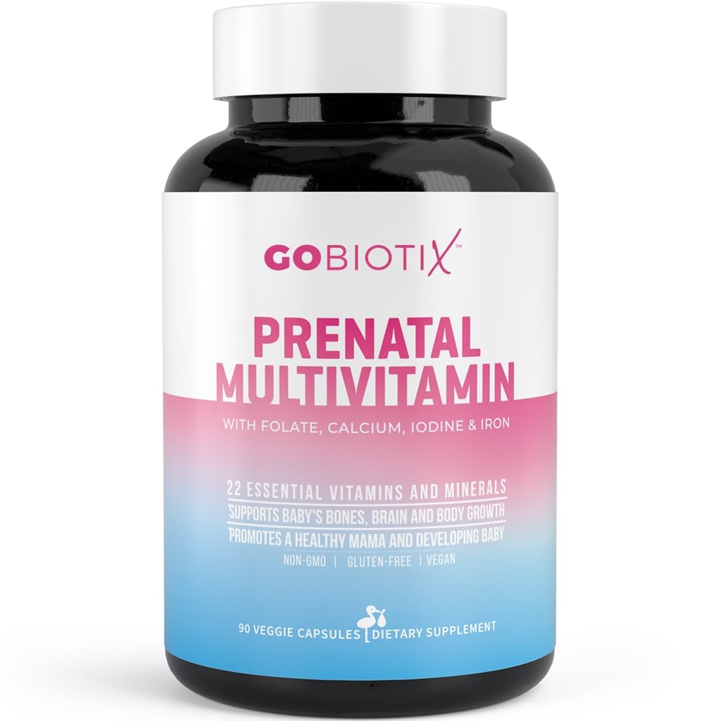 GOBIOTIX Prenatal Vitaminer for kvinner - Multivitaminer med jern, kalsium, vitamin D2, C, sink og folsyre for graviditet - Pre and Postpartum Essentials - Non-GMO - 90 Kapsler