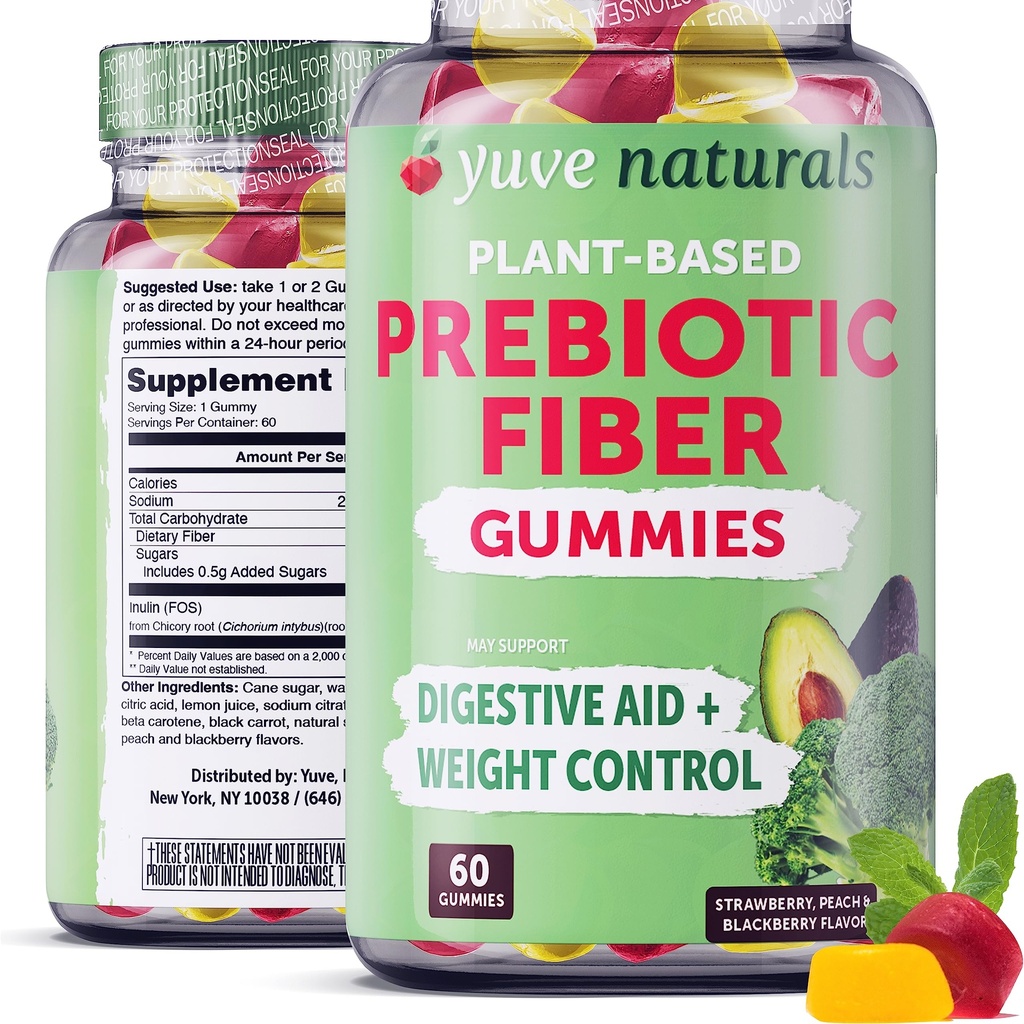 Yuve Prebiotic Fiber Gummies - Delicious - 3g Oppløselig Fiber Supplement - Støtter Digestiv Helse & Regelmessighet - Vegan & Glutenfri Fiber Gummier for voksne og barn - Ikke-GMO & Lav Sukker - 60 greve