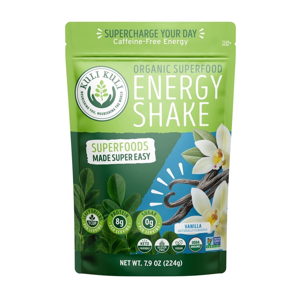 Kuli Kuli Organic Moringa Greens Smoothie Mix - Plant-basert Superfood Protein Smoothie Mix, Vanilla, 7,9 Ounce Pouch, Vegan og Glutenfri med 8g Pea Protein og 1 Cup Grønn Per Serving