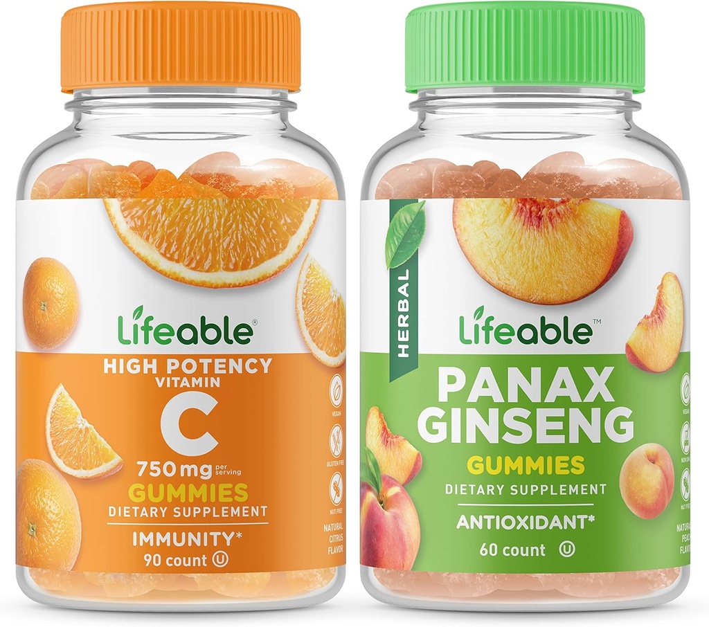 Livbar vitamin C 750mg + Panax Ginseng, Gummies Bundle - Great Tasting, Vitamin Supplement, Glutenfri, GMO Gratis, Chewable Gummy