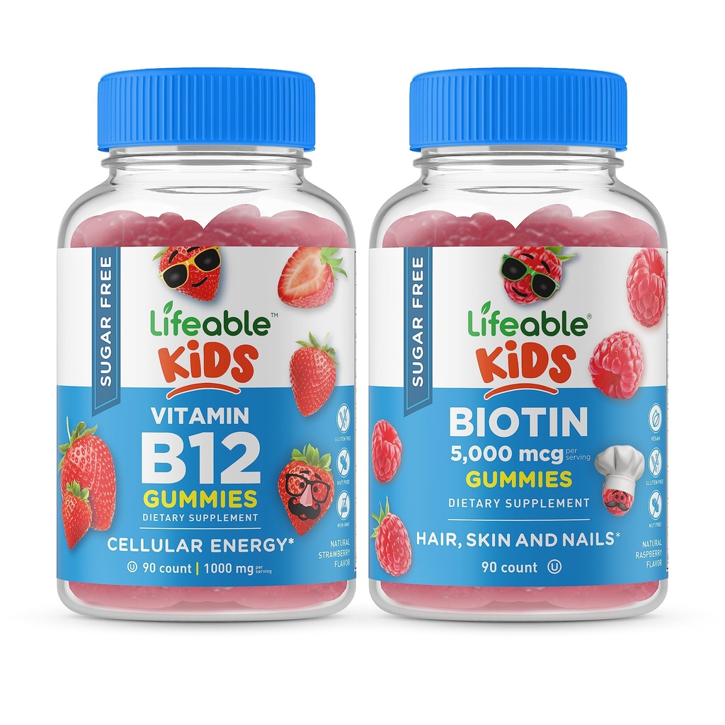 Livelig sukker Gratis vitamin B12 Kids + Preciotisk Fiber Kids, Gummies Bundle - Great Tasting, vitamin Supplement, Glutenfri, GMO Gratis, Chewable Gummy