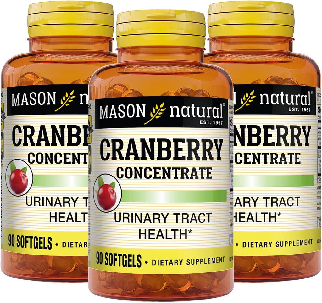 MASON NATURAL Cranberry 12:1 Konsentrat med vitamin C & E, støtter immun- og urinhelse, 90 kapsler, pakke med 3