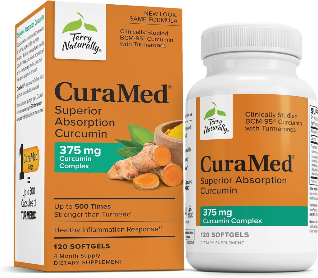 Terry Naturally CuraMed 375mg - Antioksidant Supplement for hjerne og immun helse støtte - Diett Supplement med Curcumin & gurkemeie essensiell olje - Herbal Liver Support - 120 Softgels