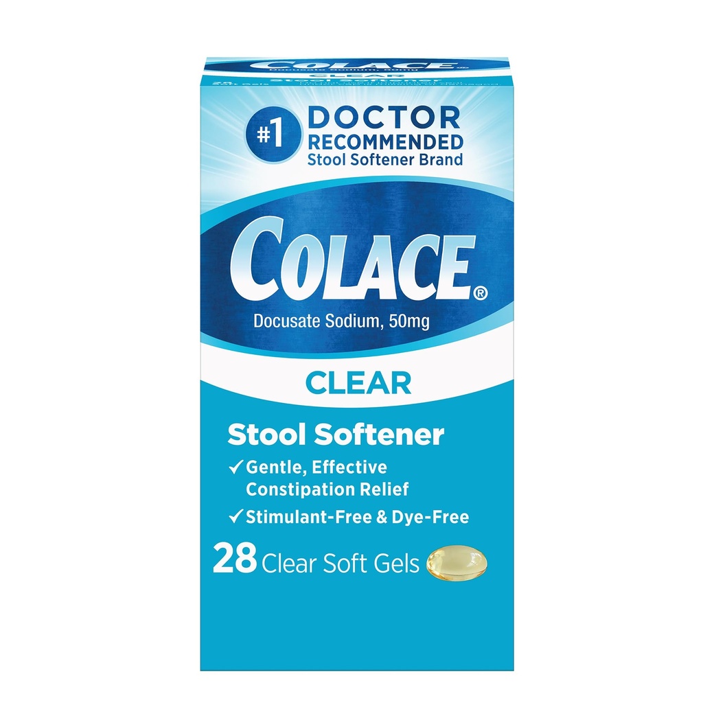 Colace Clear Stool Softener Myk Gel Capsules Acceleration Relief 50 mg Dokusat Natrium lege anbefalt 28ct