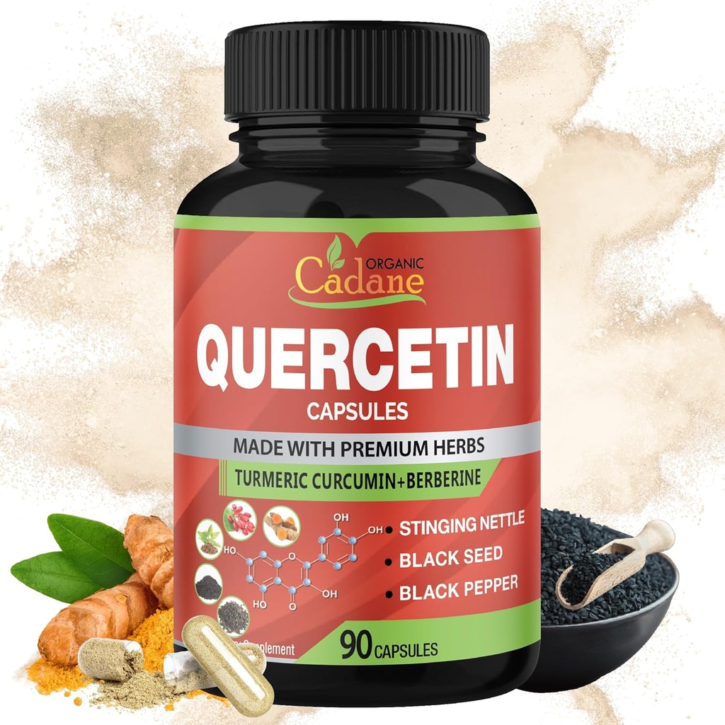 Organic Cadane Quercetin Extract Capsules, 90 capsules, 3 måneders forsyning med Quercetin, Turmeric Curcumin, Berberine, Nettle, Black Seed Powder, Black Pepper.