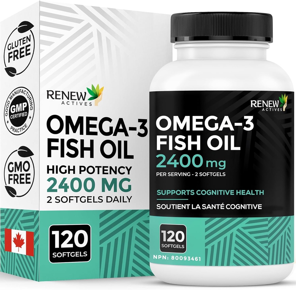 Renovere Actives Omega-3 Fish Oil 2400MG per 2 Softgels - 720MG EPA & DHA - støtter hjerte, hjerne, øyehelse, og triglycerid Reduksjon - Ingen fiskelig ettersmak - laget i Canada - 120 Softgels