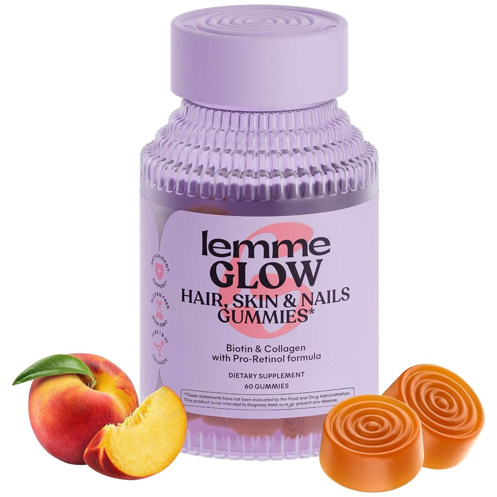 Lemme Glow Collagen Gummies for tykk hår, sterke negler og sunn hud med multi-kollagen Peptider, Biotin, Trace Minerals, Sink, Vitaminer A, C & E, Dairy & Glutenfri, Peach Flavor, 60 ct.