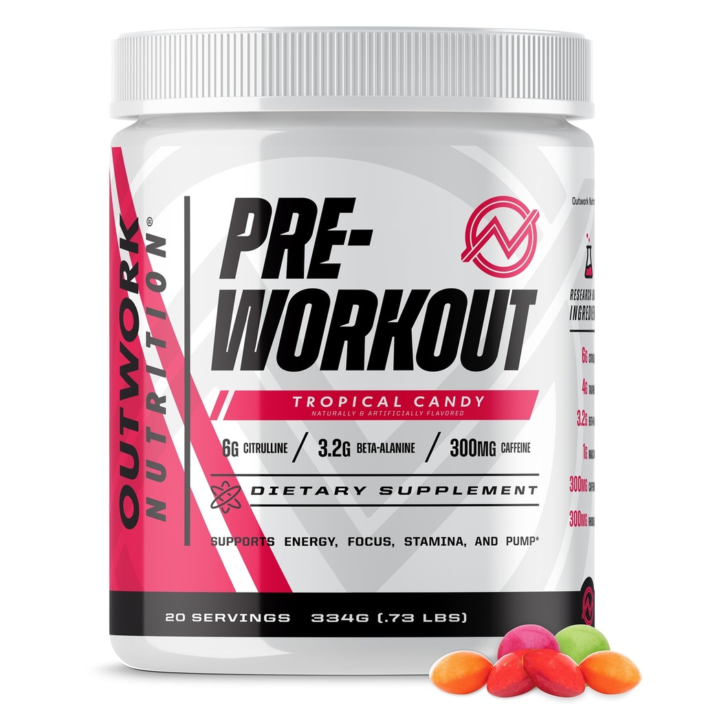 Outwork Nutrition Preworkout for menn og kvinner - Nootropic Pre Workout Uten Kreatin, Pre-Workout pulver med Taurin Rhodiola Citrulline Malate Beta Alanine Koffein (tropisk candy)