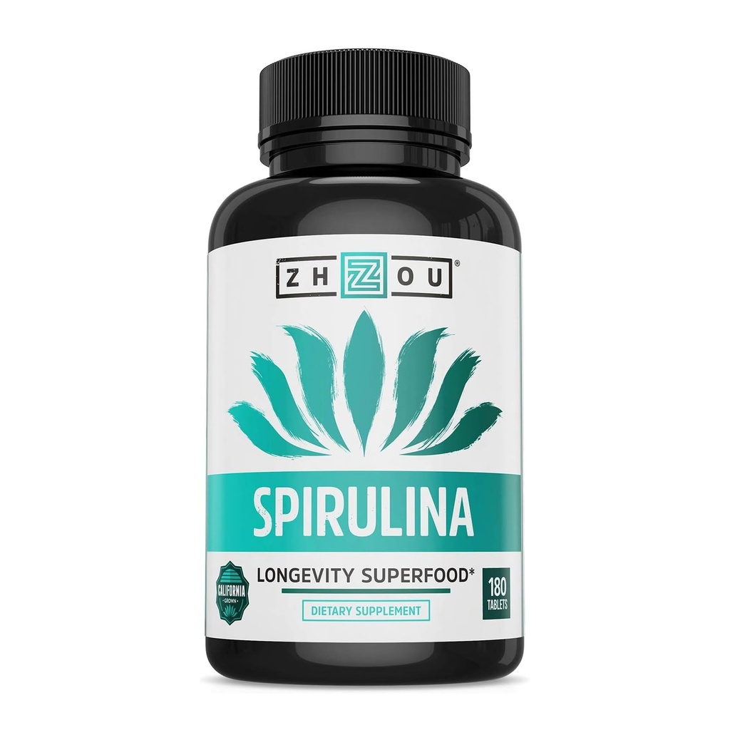 Zhou Spirulina Tabletter - Spirulina Piller, Grønn Superfood Supplement med Klorofyll & Blå Spirulina Powder Kognitiv & Immune Støtte, ren Premium Formula - 180 Tabletter