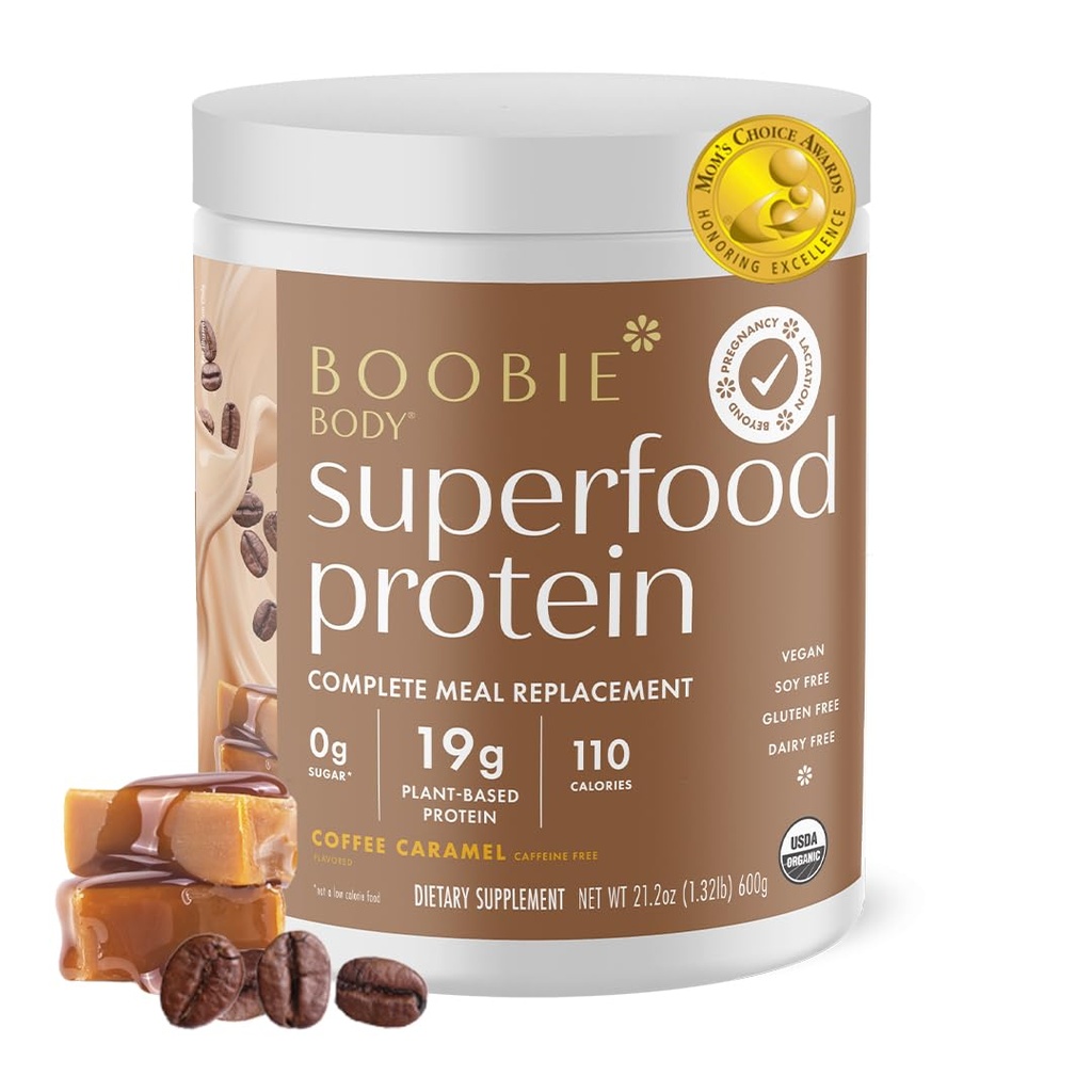 Boobie Body Superfood Protein Graviditet og postpartum måltid utskiftningsshake, kaffe karamell flavor | 19g Protein | trygt for laktasjon og moderskap | organisk, vegansk, null sukker, 1 tub (20 serveringer)