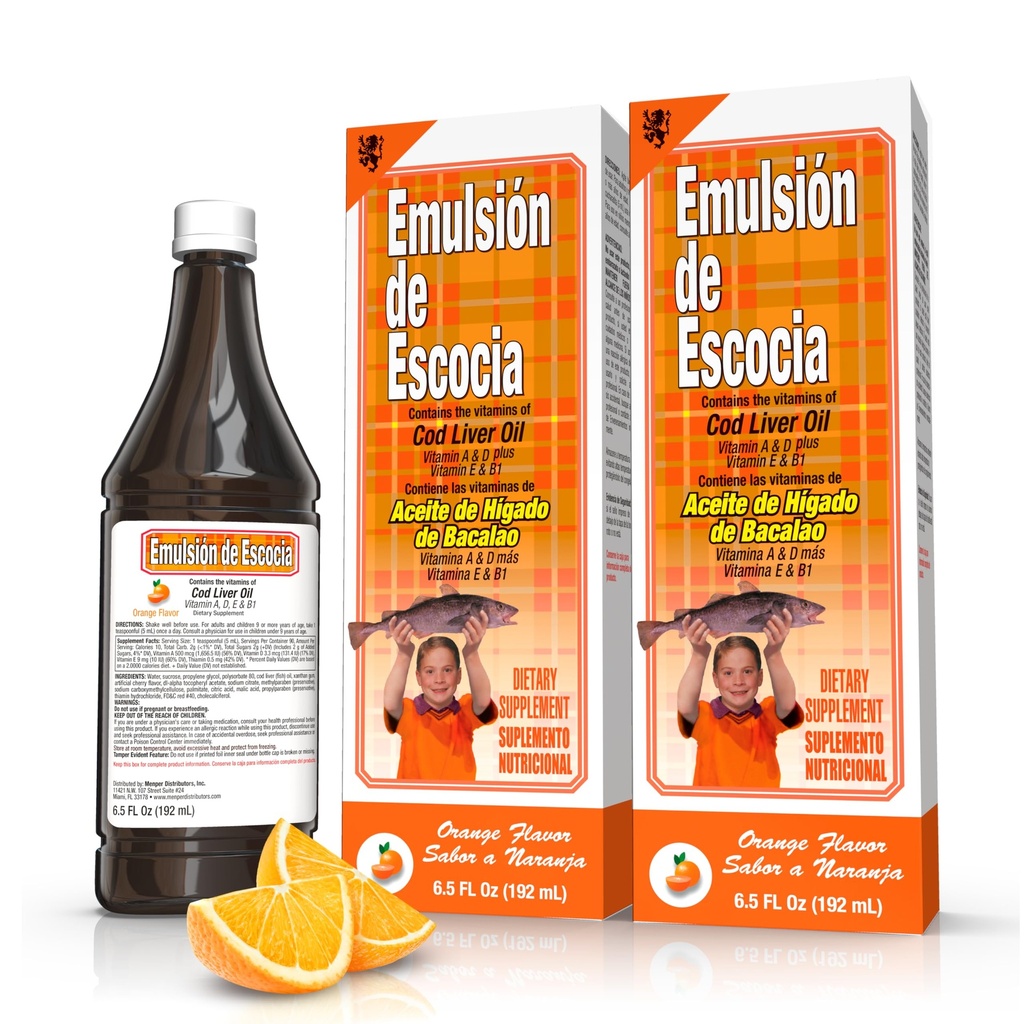 Emulsión de Escocia Cod Liver Oil Complex med vitaminer A, D, E, B1 - Naturlig oransje Flavor kosttilskudd for immun støtte og bein helse - essensiell Omega 3 Fish Oil - 6,5 oz (2-Pack)