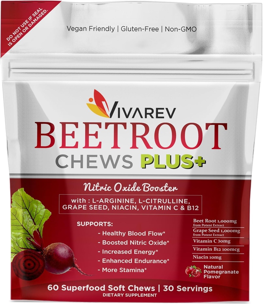 Beetroot Nitric Oxid Supplement - 1000mg Beet pulver med L Arginine, L Citrullin, Grape Seed Extract, Niacin, Vitamin C & B12 - Beet Chews - Pakke med 60