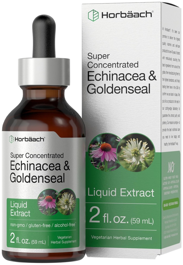 Horbäach Echinacea Goldenseal flytende tinktur drops | 2 fl oz | alkoholfri ekstrakt | Vegetarisk, ikke-GMO, Glutenfri Supplement