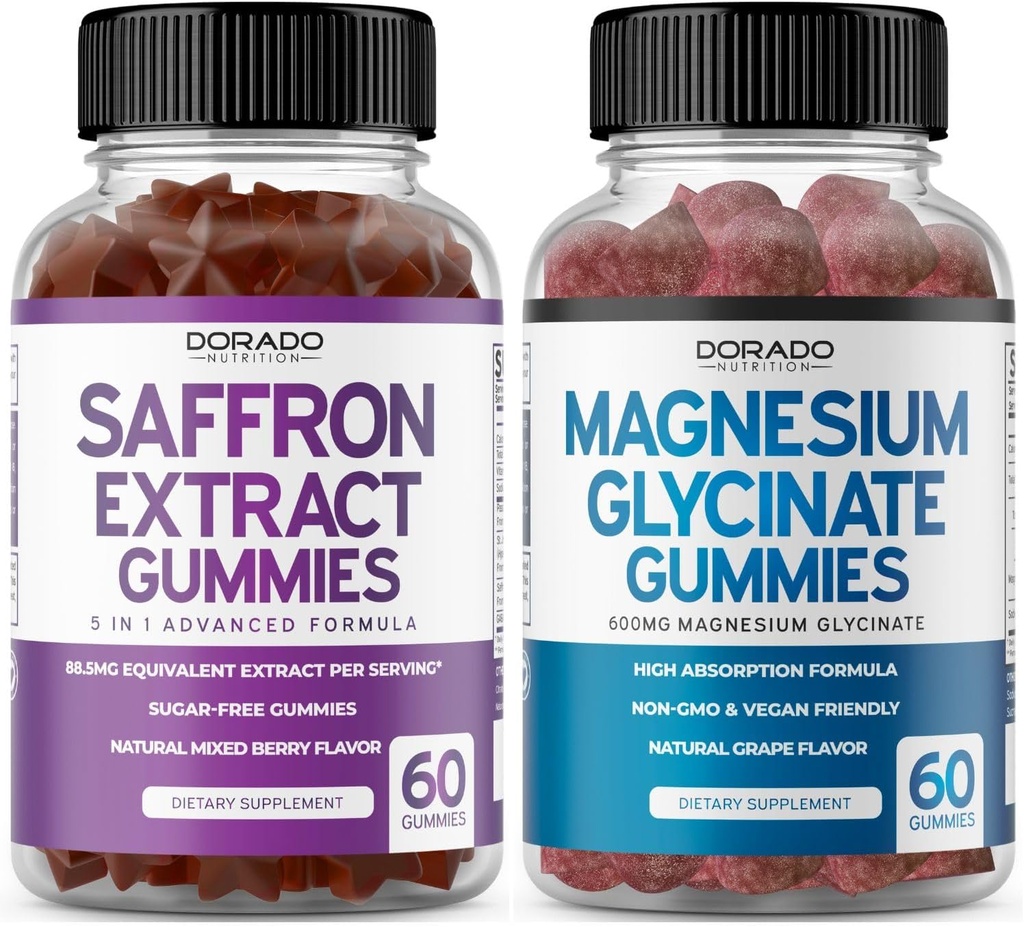 Saffron kosttilskudd (60 Gummies) 5 i 1 avansert formel sukker gratis gummy - Delicious bringebær flavor og magnesium glycinat (60 greve) ren glycinat gummy for voksne - ikke-GMO, Vegansk & USA laget