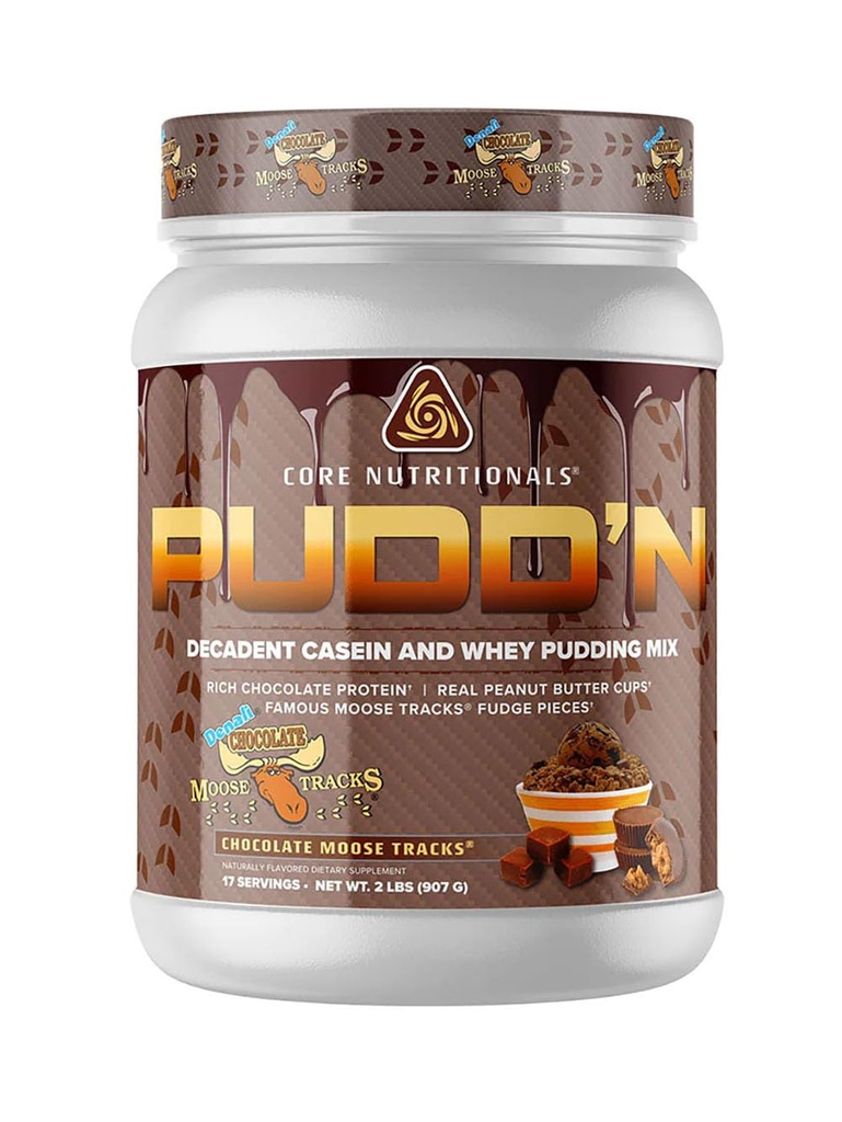 Core Nutritionals Pudd'n, Decadent Protein Pudding Mix, Full Disclosure Casein Blanding, Untable Release, 20G Protein, 17 Serveringer (Chokolate Moose Tracks, 2 lb)