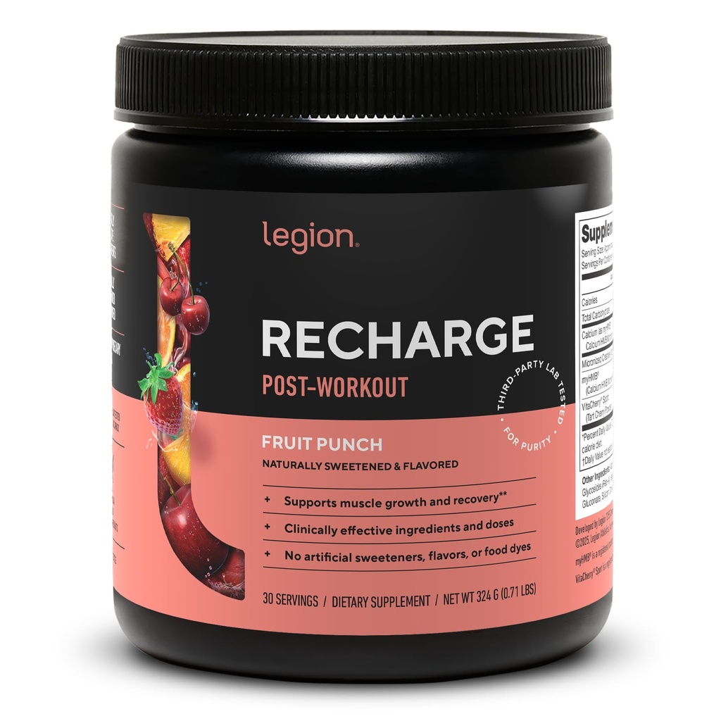 LEGION Recharge Post Trening Supplement - Alle naturlige muskelbyggere og gjenopprette drikke med mikronisert kreatinmonohydrat. Naturlig søt og smakfull, trygt og sunt (Fruit Punch, 30 Server)