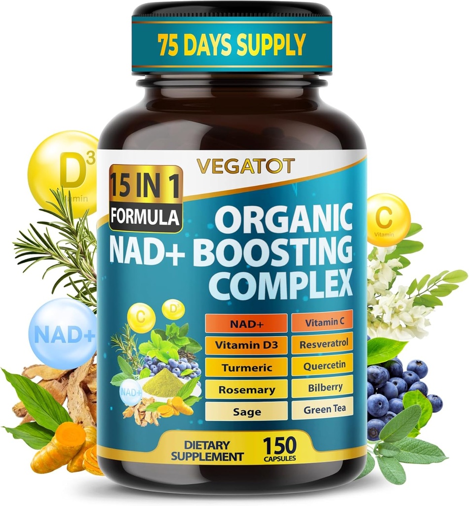 VEGATOT NAD+ Boosting Complex - NAD Kosttilskudd for kvinner og menn 15-i-1 Formula med Resveratrol Turmeric Quercetin Rosemary Bilbær Sage Grønn Te