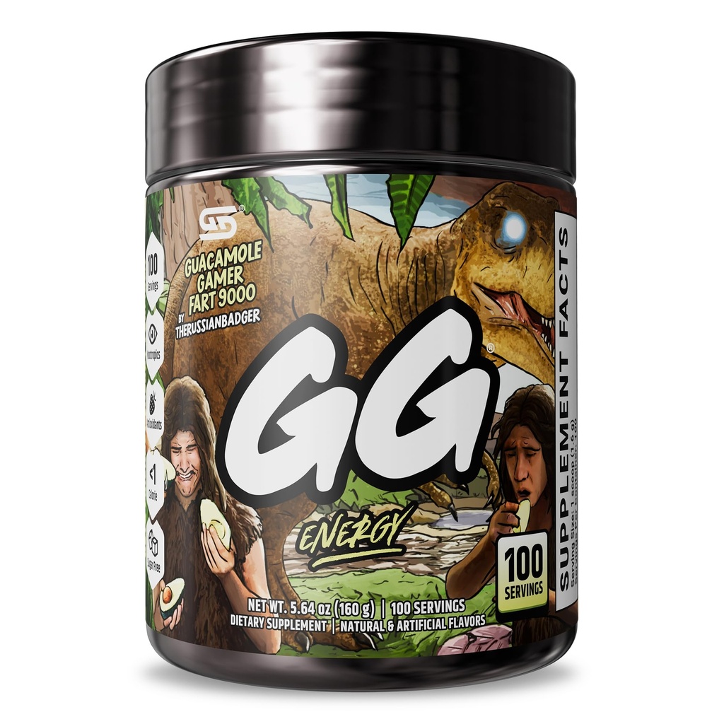 Gamer Supps GG® Energi - Guacamole Gamer Fart 9000 by RussianBadger (100 serveringer) - Keto vennlig spill energi og nootropisk blanding, sukkerfri + organisk kaffe + vitaminer, pulverdrikk