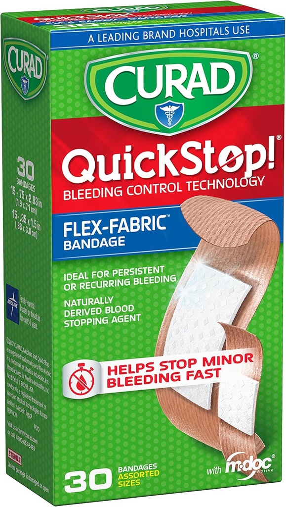 CURAD QuickStop Bleding Control Fleksibel Fabric Bandages, Assorterte størrelser, 30 Telling