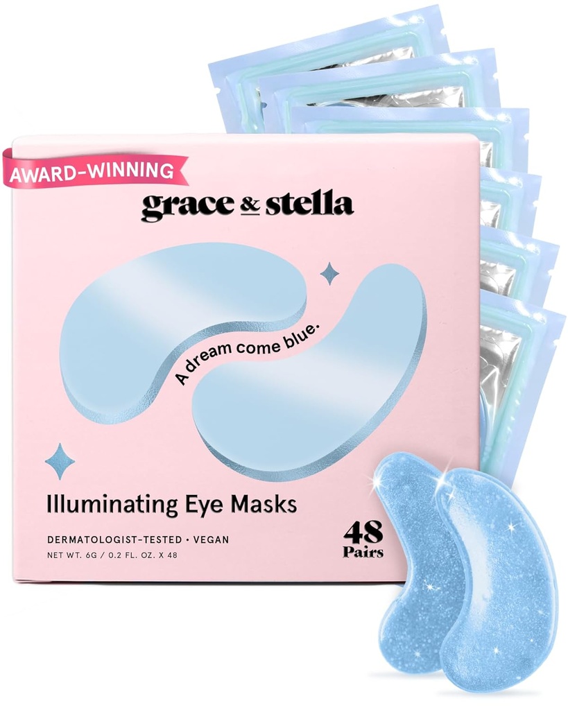 Nåde & stella Award vinne under øyemaske Redusere mørke sirkler, Puffy øyne, underøyne poser, krus, Gel under øyet lapper, bursdagsgaver til kvinner - Vegansk Cruelty-Free Selvpleie (48 par, blå)