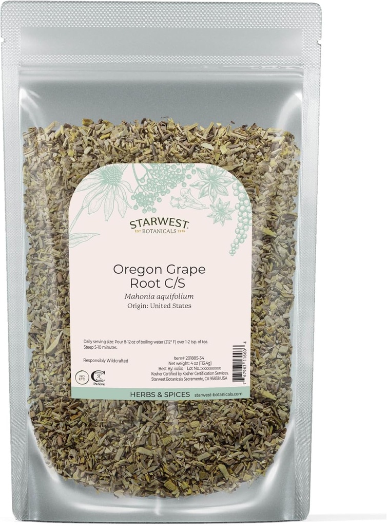 Starwest Botanicals Oregon Grape Root Wildcred - Tørket løs urt for te, tinkturer, kapsler, & salver, naturlig velvære for kvinner og menn, kutt og siftet, sertifisert Kosher, ikke-GMO - 4 oz Pouch