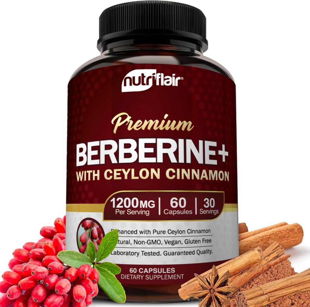 NutriFlair Premium Berberine HCL 1200mg, 60 kapsler - Plus ren sann ceylon kanel, kosttilskudd piller, immunsystem støtte