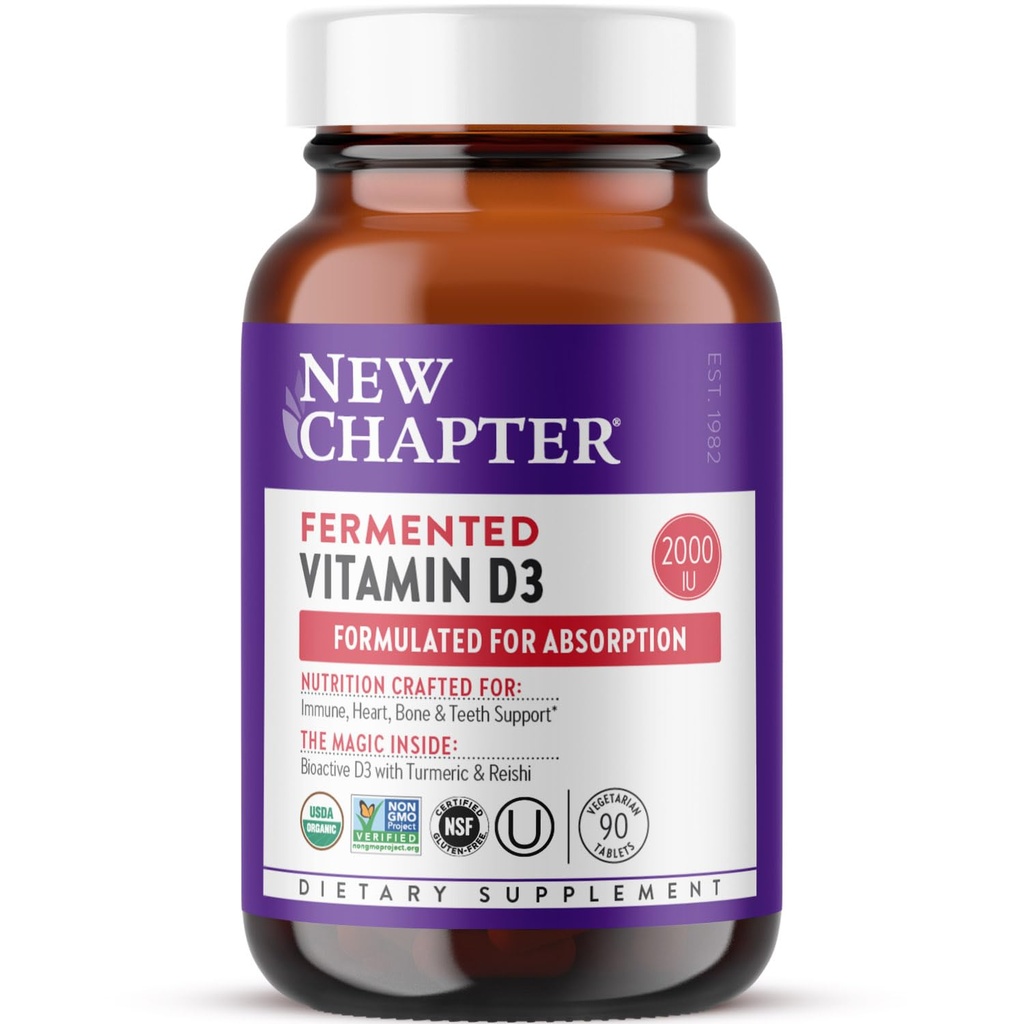 Ny kapittel Fermentert vitamin D3 2.000 IU, Organisk, En dag for immun, hjerte og bein støtte + Hel-Food Turmeric, Adaptogen Reishi Mushroom, 100% vegetarisk, Glutenfri, 90 greve