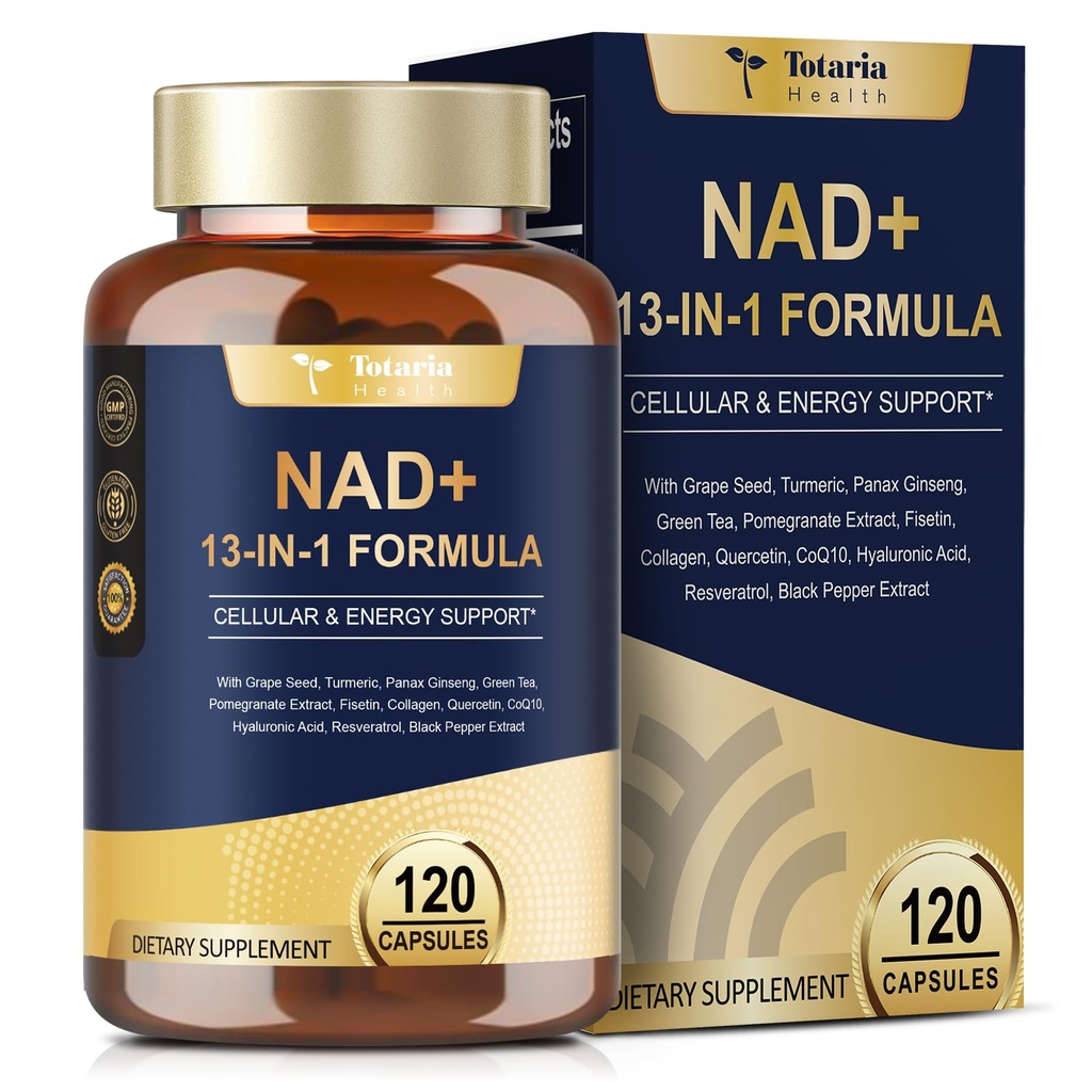 Totaria NAD Supplement for kvinner med nicotinamid riboside resveratrol,Quercetin, Betaine Boost NAD+ NAD Plus Supplement for anti-aldring, energi, immunforsvar, fokus 120 kapsler