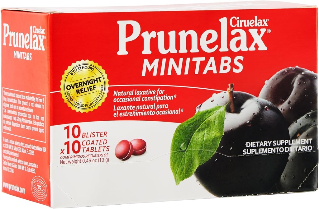 Prunelax Ciruelax Vanlig styrke Laxative Mini Tabletter - Overnatting Relief for anledninger, Senna ekstrakt, Vegan & Glutenfri, Gentle Relief - 100ct