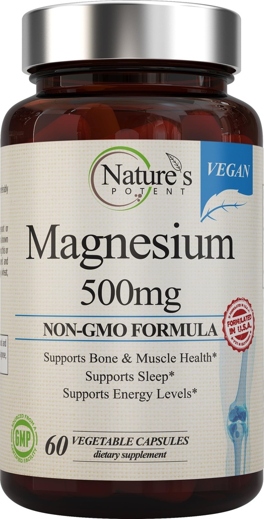 Naturens Potent Magnesium Supplementer Magnesium Citrat & Magnesium Oxid 500mg Vegan Magnesium Supplement for kvinner og menn | USA laget Magnesium for søvnstøtte - 60 Veggie Kapsler