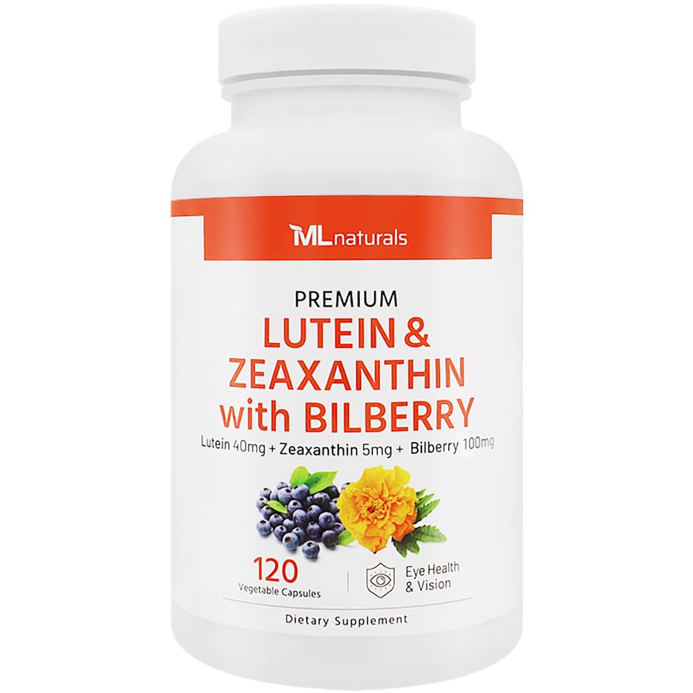 ML Naturals Premium Lutein & Zeaxanthin med Bilberry 120 grønnsaker kapsler. Lutein 40 mg, Zeaxanthin 5 mg og Bilberry 100 mg. Premium kvalitet. Sunn Eyes & Vision, NSF-sertifisert og cGMP-Compliant