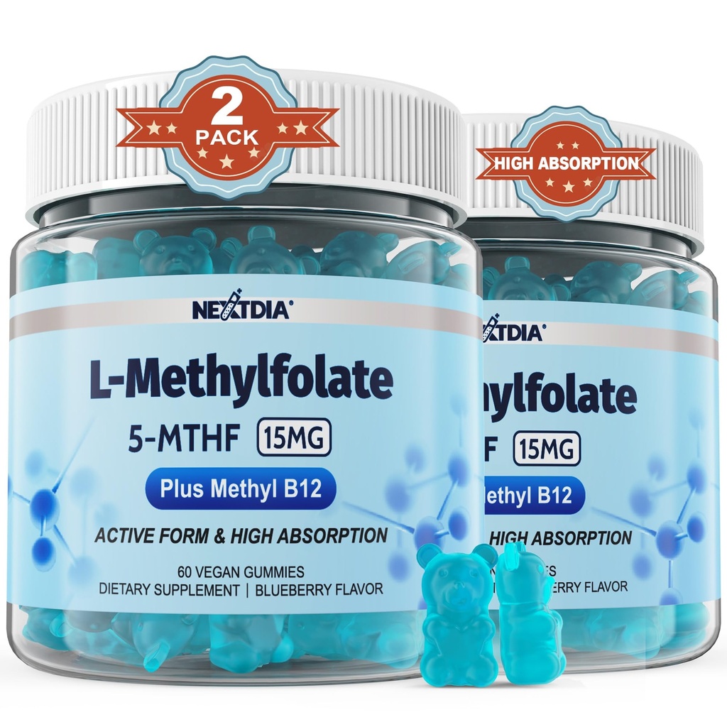 L-metylfolat 15 mg og Metyl B12 gummies, metylert B1, B2, B6 Multivitaminer - Aktiv 5-MTHF & høy absorpsjon - Støtter MTHFR Gene, kognisjon, Homocystein nivåer, Folatemetabolisme, Vegan, 120 Cts
