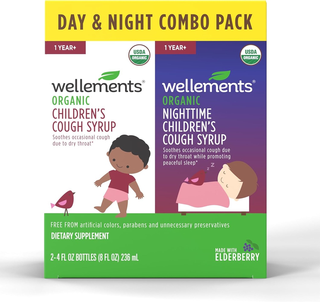Velvære Organisk dag og natttid Barnefest Combo Syrup | Soothing dagtid og natttid Cough Relief USDA organisk | verdipakke (2) 4 Fl Oz. Flasker, 1 år +