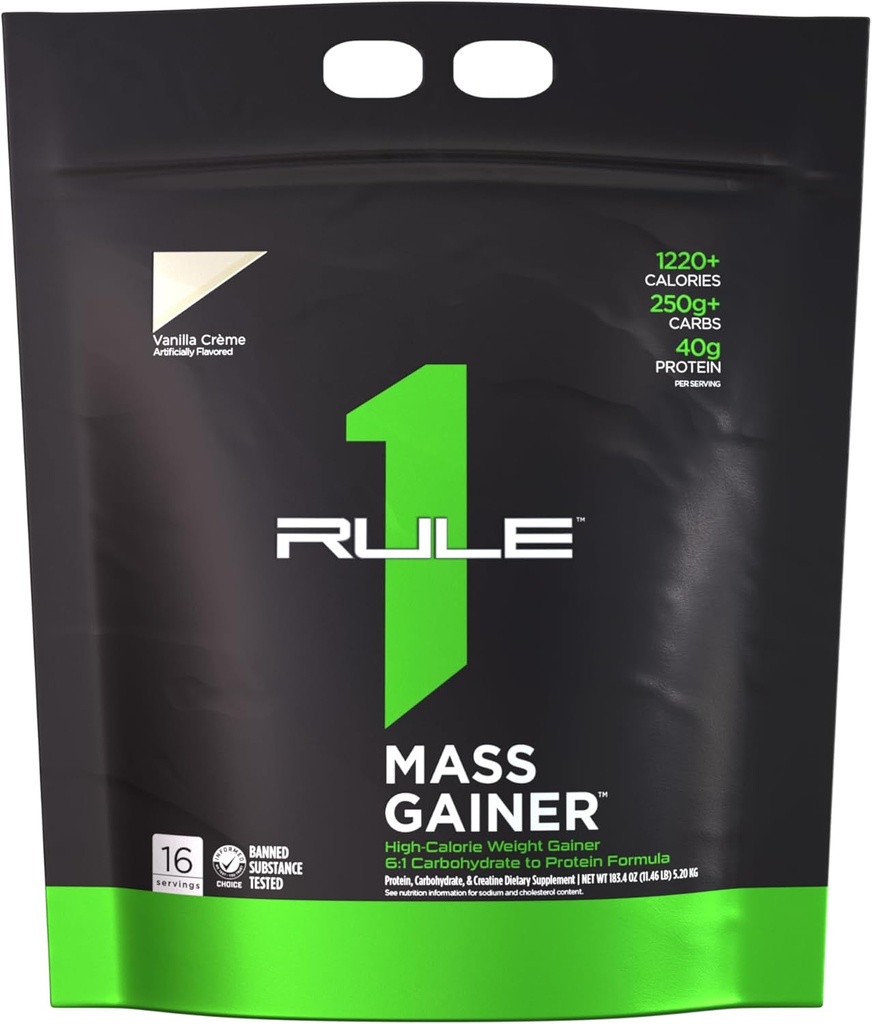Regel 1 Mass Gainer - høy-kalori vekt gevinst formel med 1,220 + kalorier, 250g + kompleks carb blanding, 40g all-whey protein per servering (16 serveringer, Vanilla Crème)