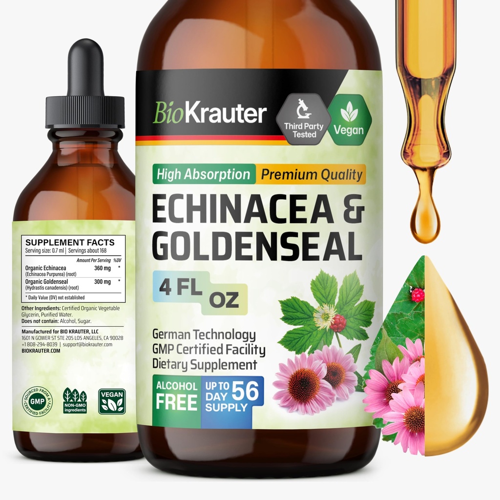 BIO KRAUTER Echinacea og Goldenseal Root Liquid Extract - Natural Immune Support - Echinacea Drops with Goldenseal - Vegan, alkohol og sukker gratis tinktur - 4 Fl.Oz.
